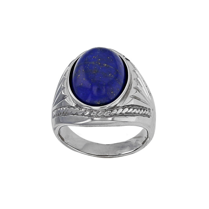 Chevalière cabochon ovale en agate noire et motif ciselé, acier
