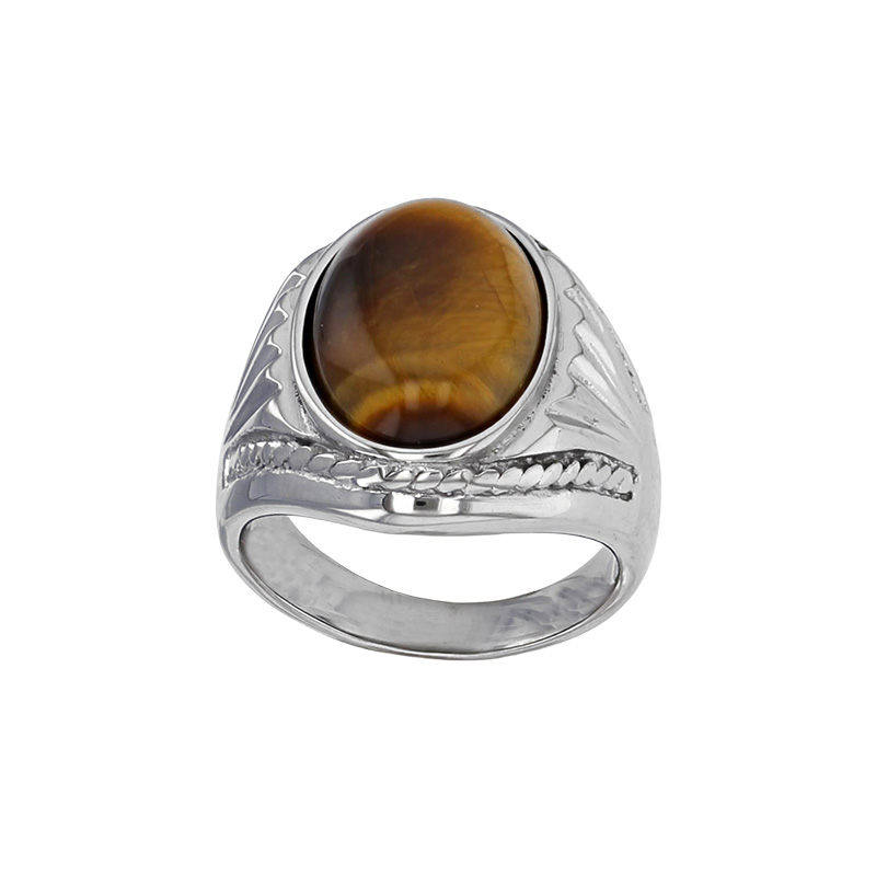 Chevalière cabochon ovale en agate noire et motif ciselé, acier
