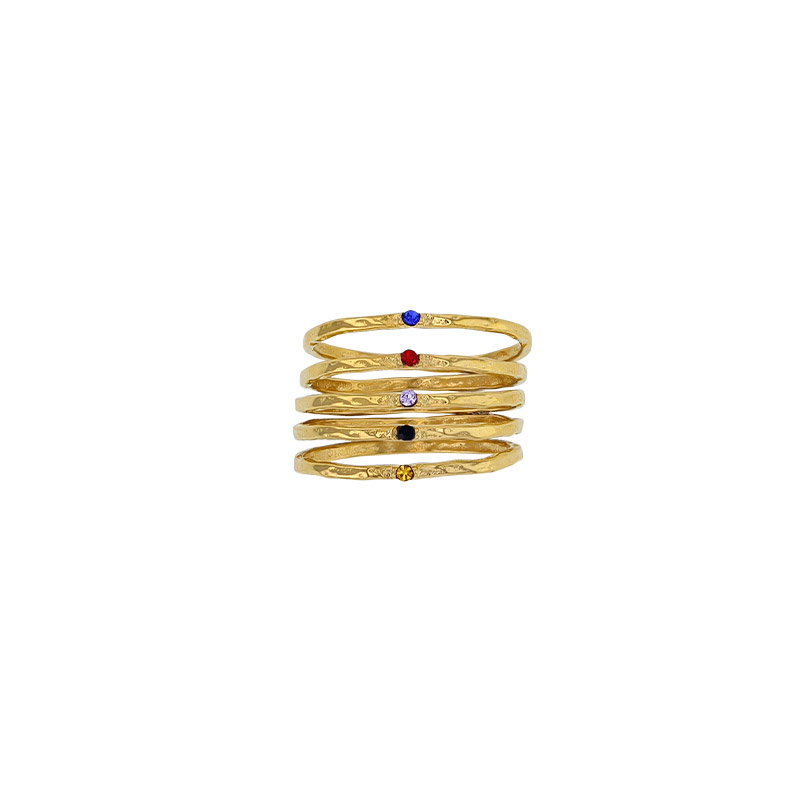 Bague 5 anneaux aspect martelé ornés d'oxydes de couleurs, acier
