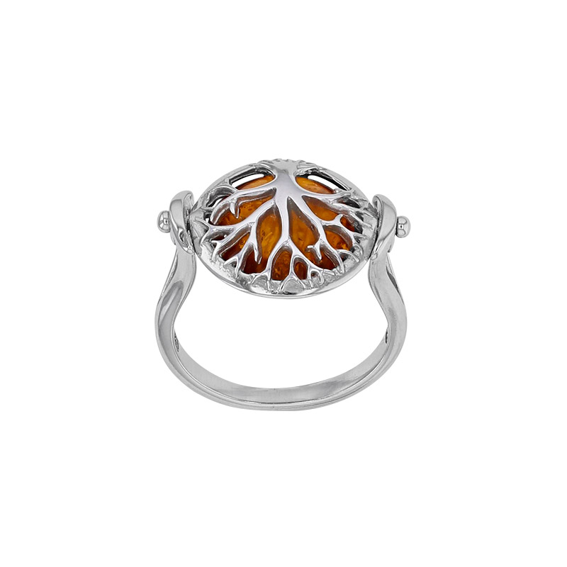 Bague Arbre de vie  rotative serti clos ambre cognac et ajouré, argent 925/1000 rhodié