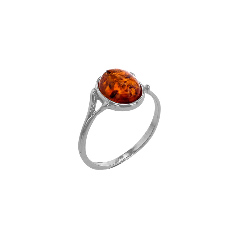 Bague ovale ambre cognac en argent 925/1000 rhodié