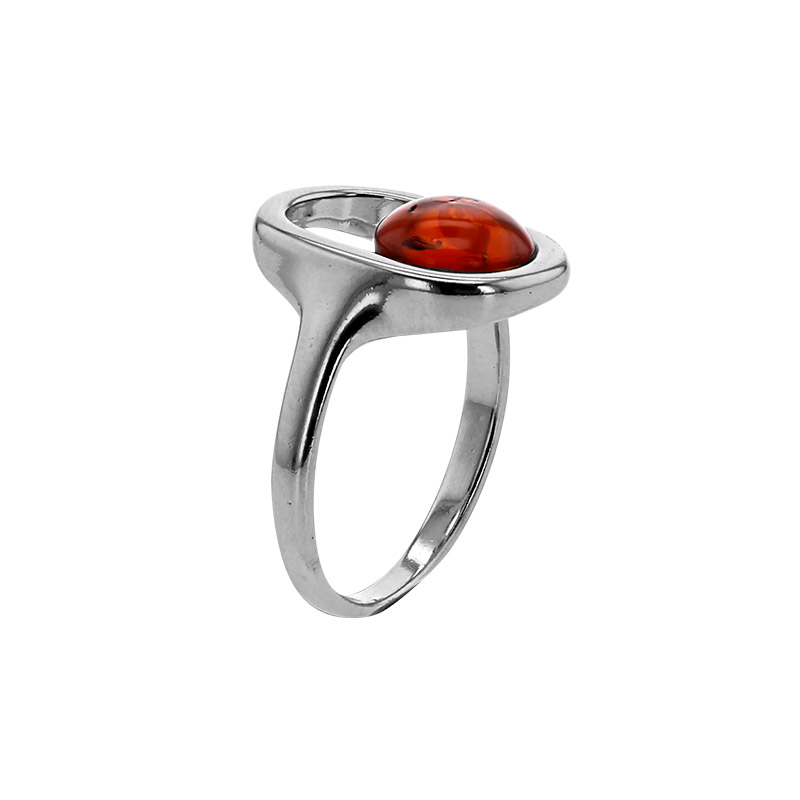 Bague ovale ajourée, Ambre cognac en argent 925/1000 rhodié
