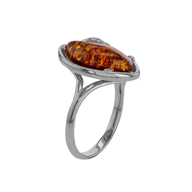 Bague forme amande ambre cognac, argent 925/1000 rhodié