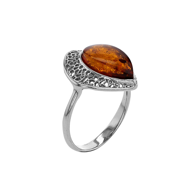 Bague losange motif antique ambre cognac, argent 925/1000 rhodié