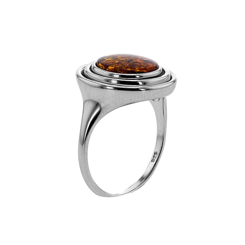 Bague ronde ornée d'une Ambre cognac en argent 925/1000 rhodié