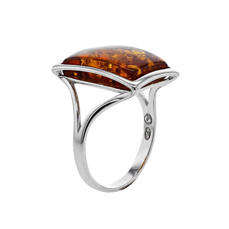 Bague rectangle ambre cognac, argent 925/1000 rhodié