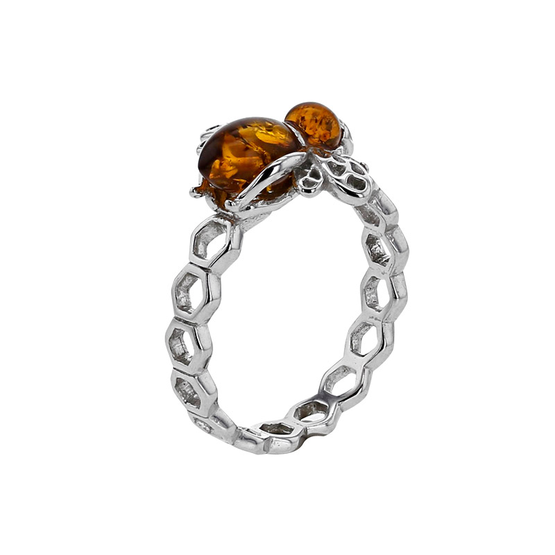Bague abeille ambre cognac, argent 925/1000 rhodié