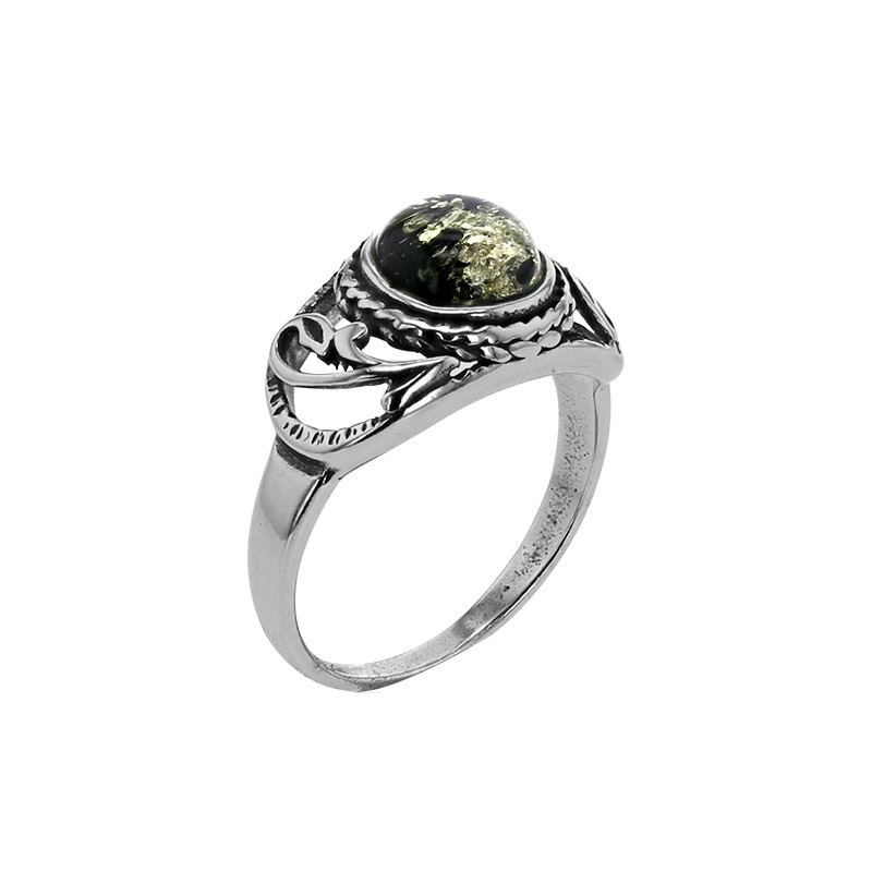 Bague ambre vert, grand ovale ajouré, motifs anciens, argent 925/1000 vieilli