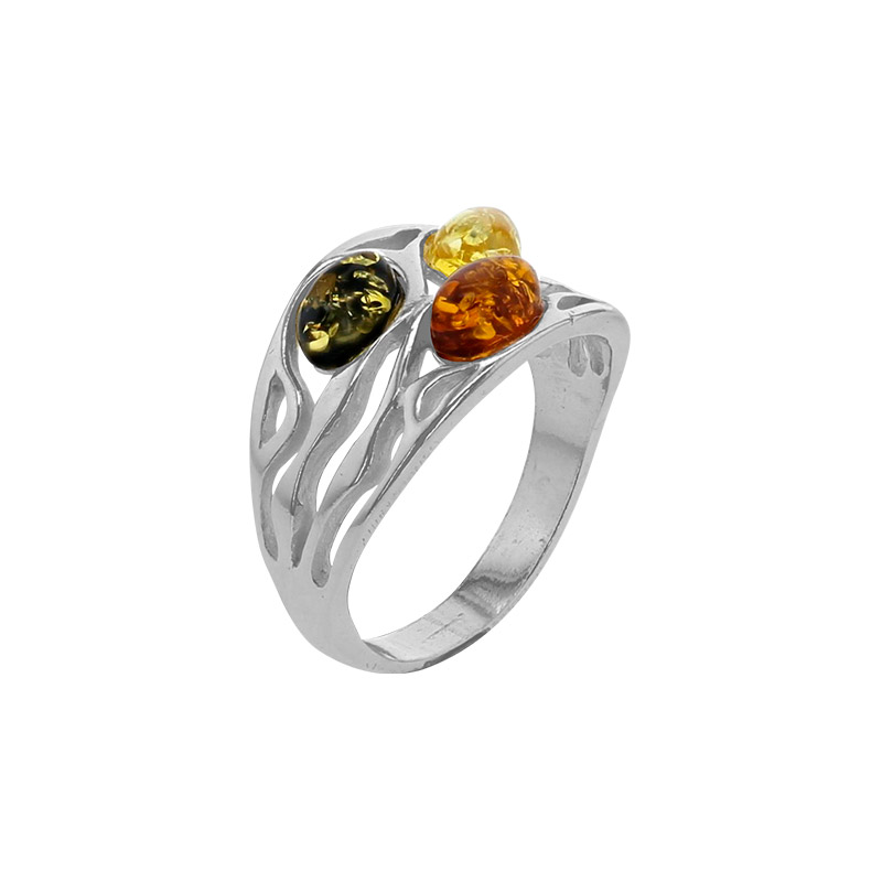 Bague avec 3 pierres d'ambre entrelacées cognac, vert et miel, argent 925/1000 rhodié