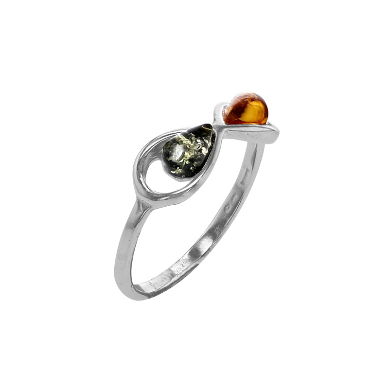 Bague ambre cognac et vert, signe infini en argent 925/1000 rhodié
