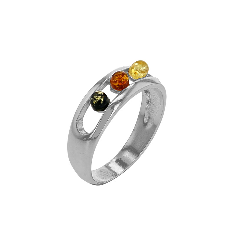 Bague avec 3 pierres alignées d'ambre entrelacées cognac, vert et miel, argent 925/1000 rhodié