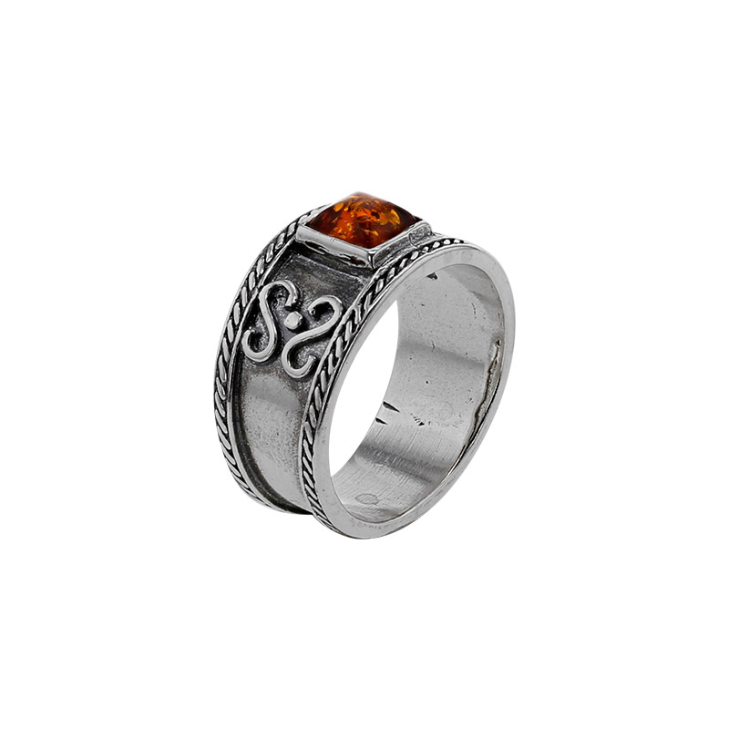 Bague large homme, motif antique ambre cognac carré en argent 925/1000 vieilli