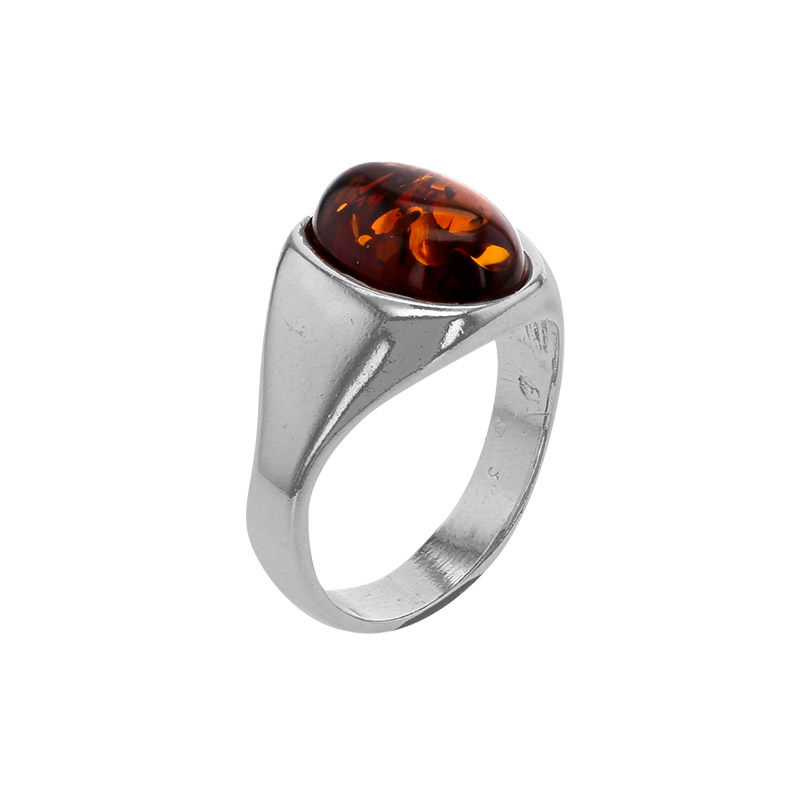 Chevalière homme lisse cabochon, ambre cognac ovale en argent 925/1000 rhodié