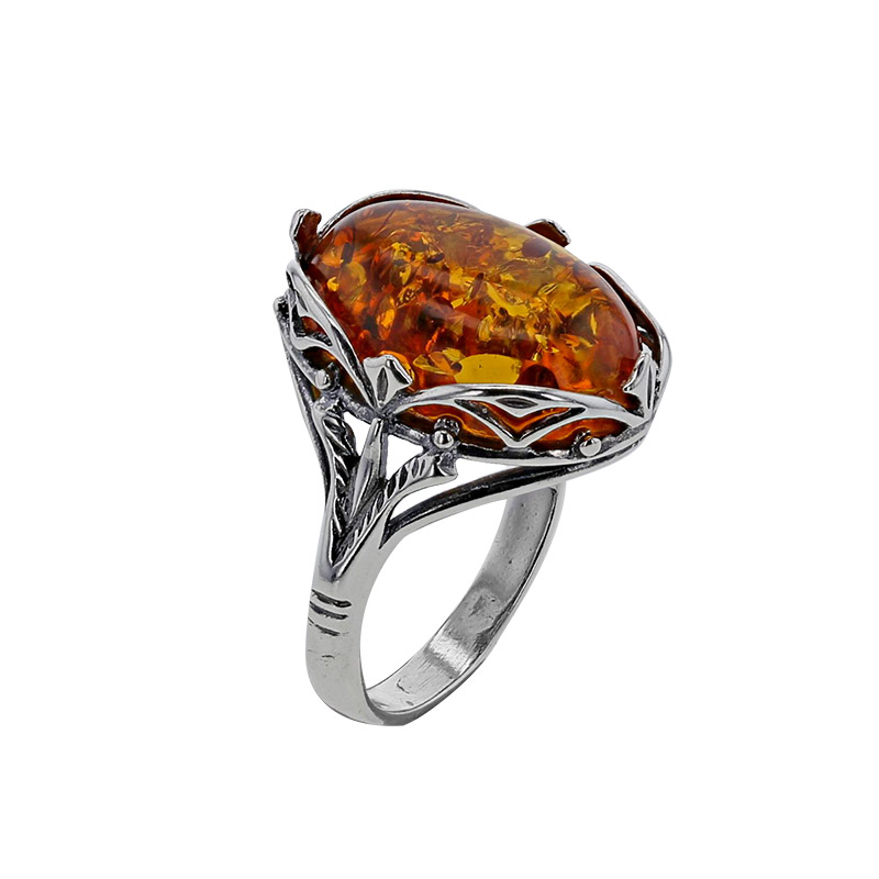 Bague ambre cognac, grand ovale ajouré, motifs anciens, argent 925/1000 vieilli