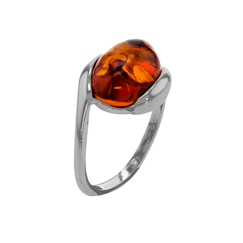 Bague grand ambre cognac forme amande entrelacé, argent 925/1000 rhodié