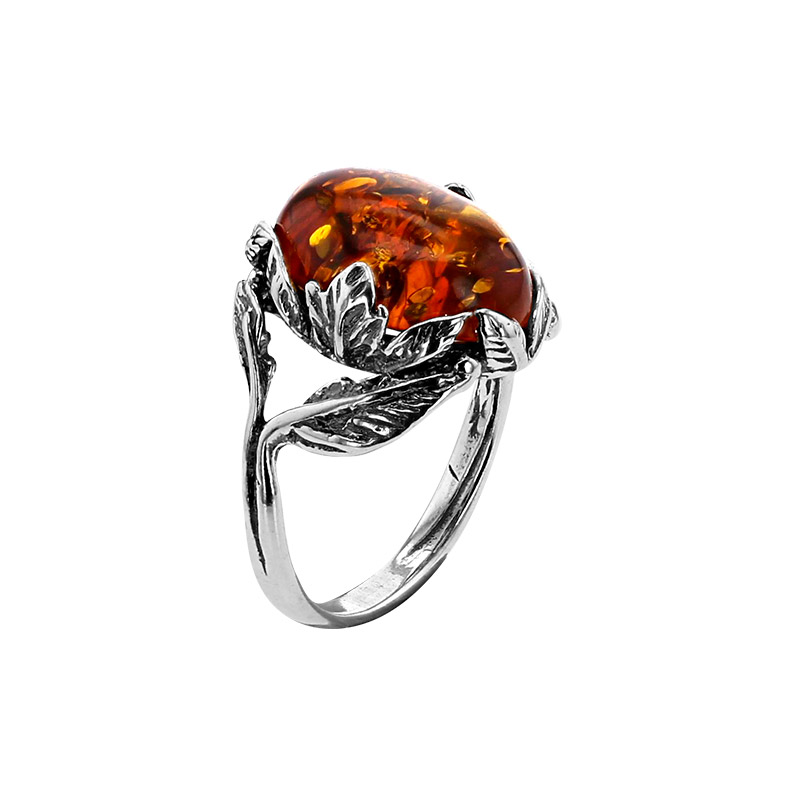 Bague Ambre cognac rond, ajouré motifs feuillage, Argent 925/1000 vieilli
