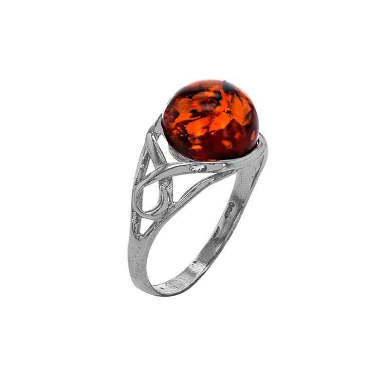 Bague cabochon rond en ambre cognac ajouré, argent 925/1000 rhodié