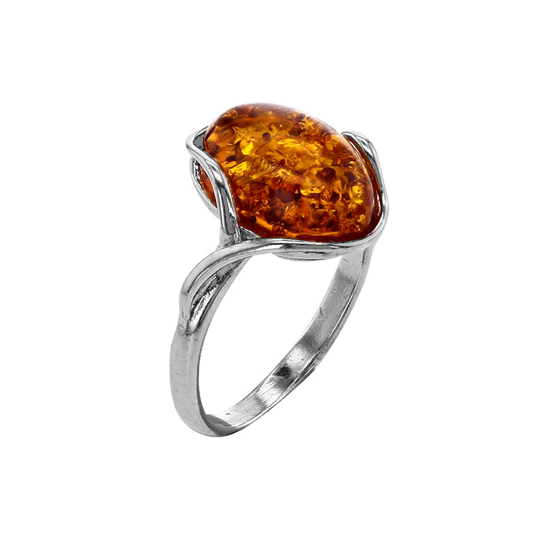 Bague grand ambre cognac ovale plat, corps torsadé en argent 925/1000 rhodié