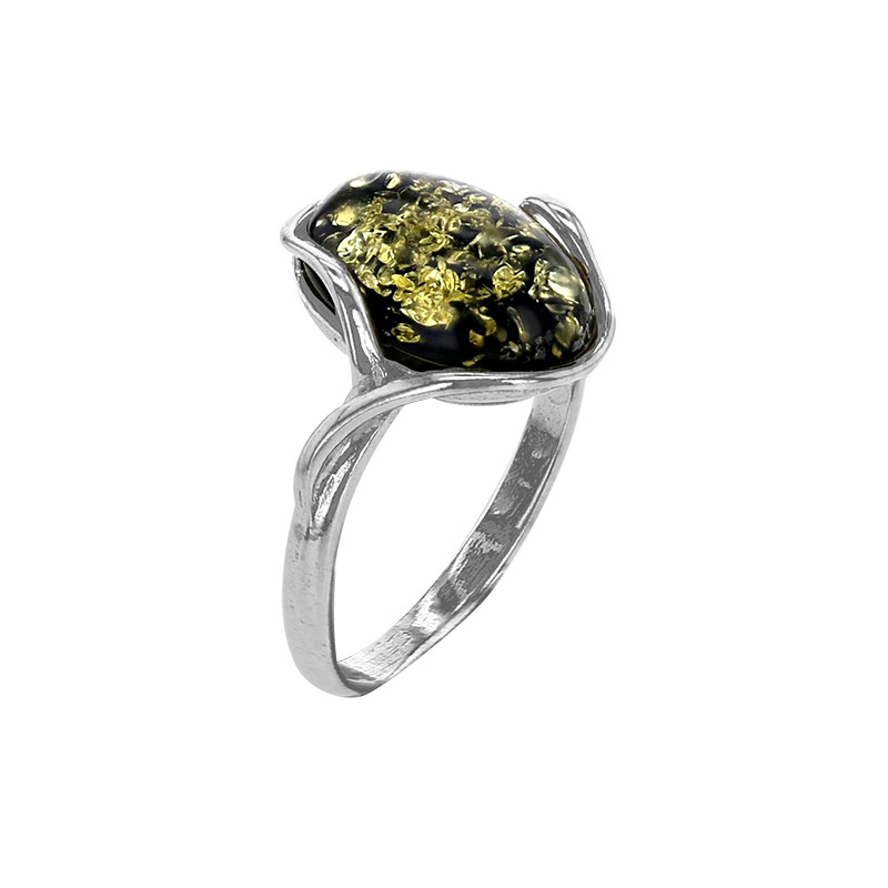 Bague grand ambre vert ovale plat, corps torsadé en argent 925/1000 rhodié