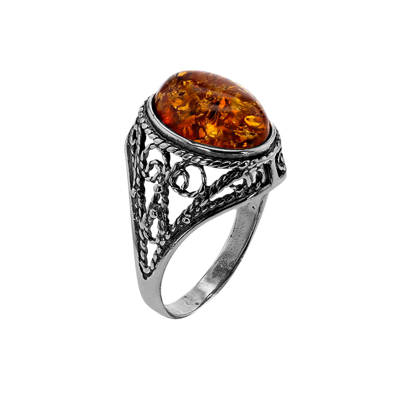 Bague cabochon ambre cognac ovale, motif antique, argent 925/1000 vieilli