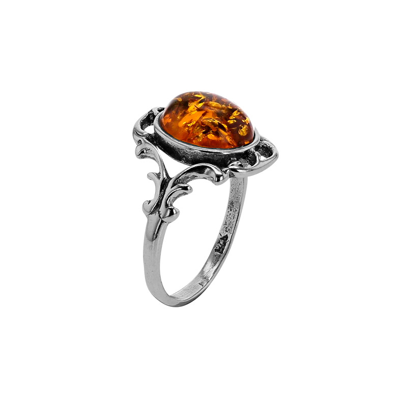 Bague cabochon ajourée, ambre cognac ovale, argent 925/1000 vieilli