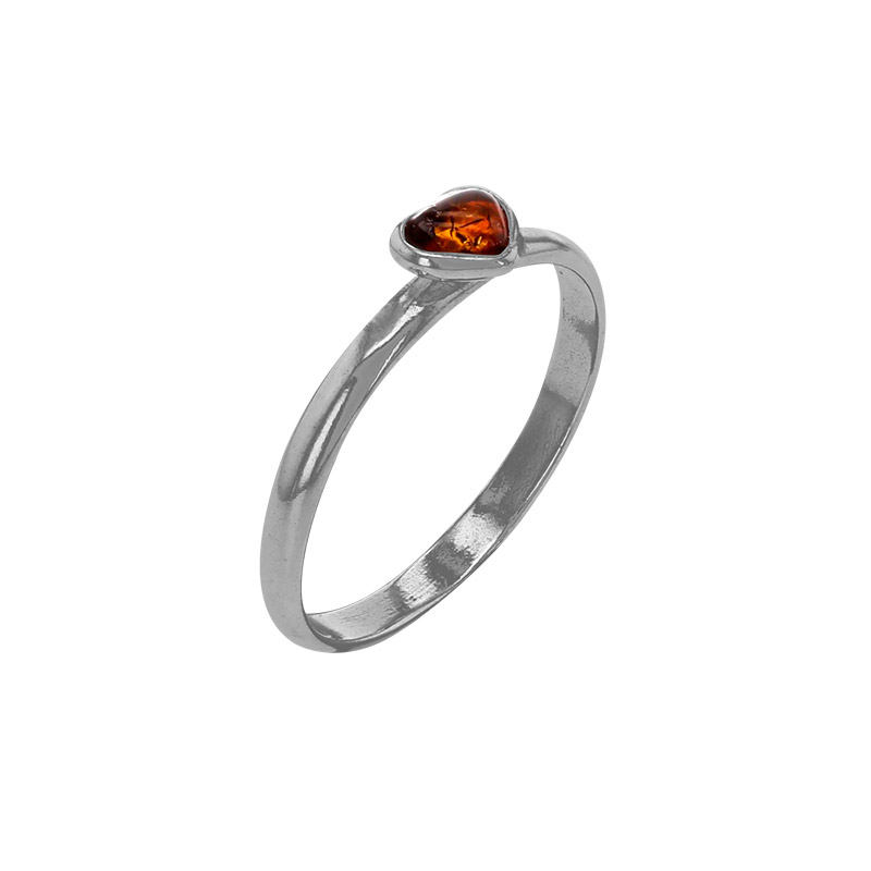 Bague ambre cognac en forme de coeur et argent 925/1000 rhodié