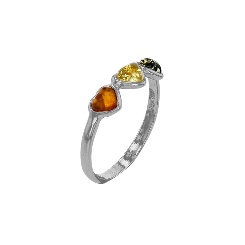 Bague ambre avec 3 coeurs tricolores et argent 925/1000 rhodié
