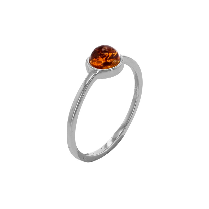 Bague ronde, ambre cognac sertie clos en argent 925/1000 rhodié