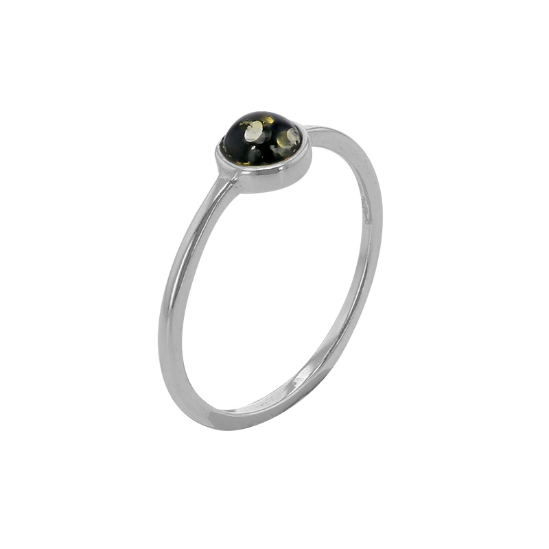 Bague ronde, ambre vert sertie clos en argent 925/1000 rhodié