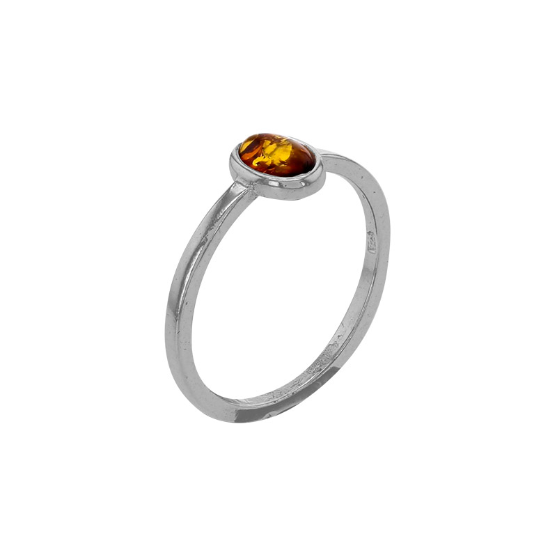 Bague ovale, ambre cognac sertie clos en argent 925/1000 rhodié