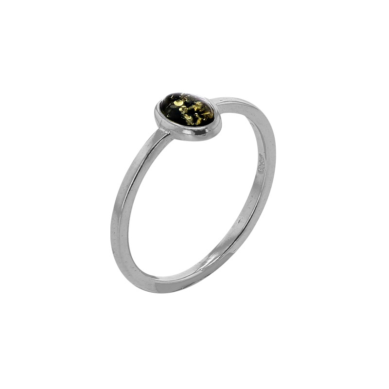 Bague ovale, ambre verte sertie clos en argent 925/1000 rhodié