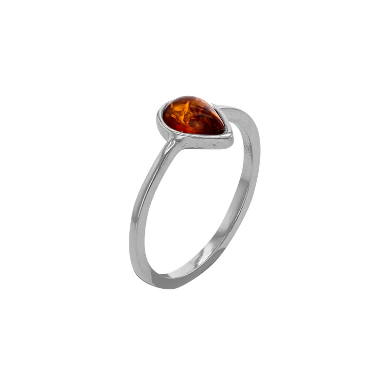 Bague forme goutte, ambre cognac sertie clos en argent 925/1000 rhodié