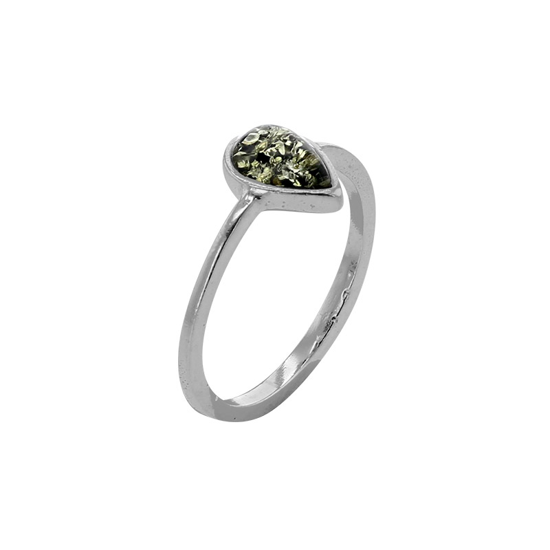 Bague forme goutte, ambre verte sertie clos en argent 925/1000 rhodié