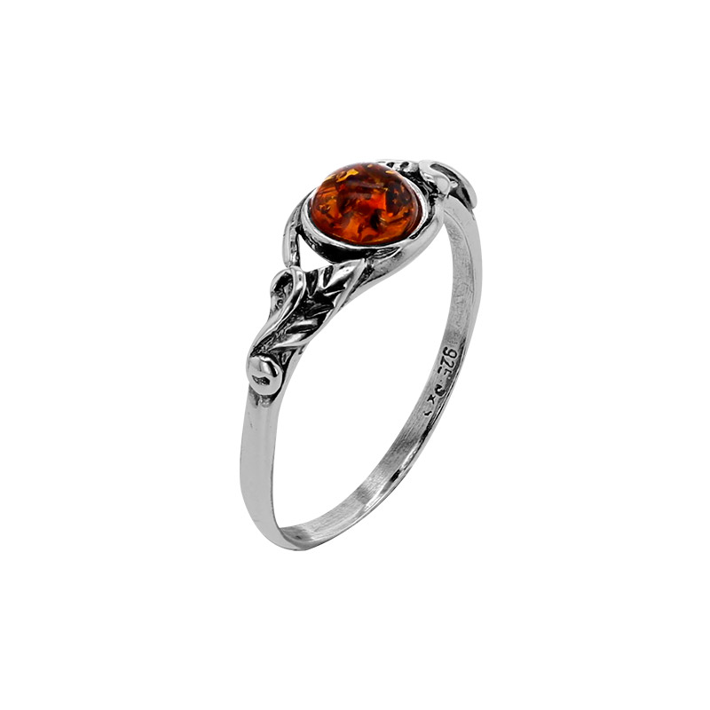 Bague motif feuille ajouré, ambre cognac ronde, argent 925/1000 vieilli