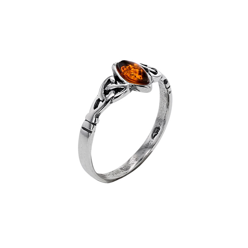 Bague torsadée petit ambre cognac forme amande et argent 925/1000 vieilli