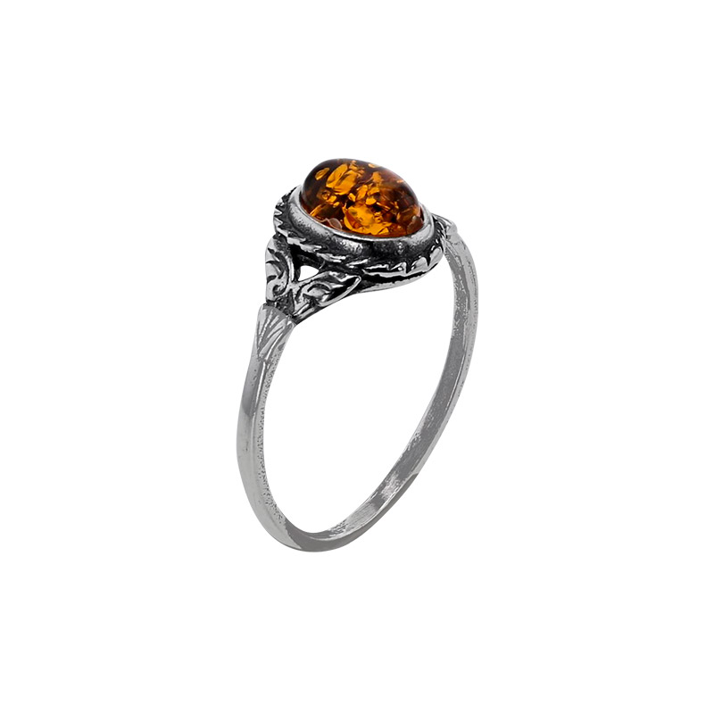 Bague ambre cognac, forme ovale et motifs papillon en argent 925/1000 vieilli