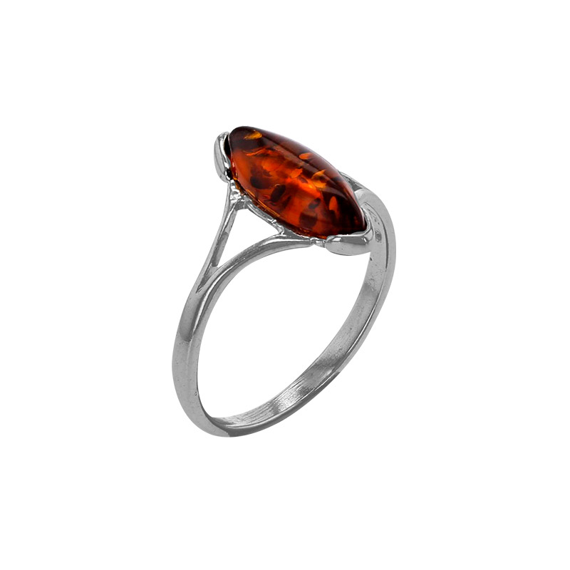Bague ajourée ambre cognac forme marquise, argent 925/1000 rhodié