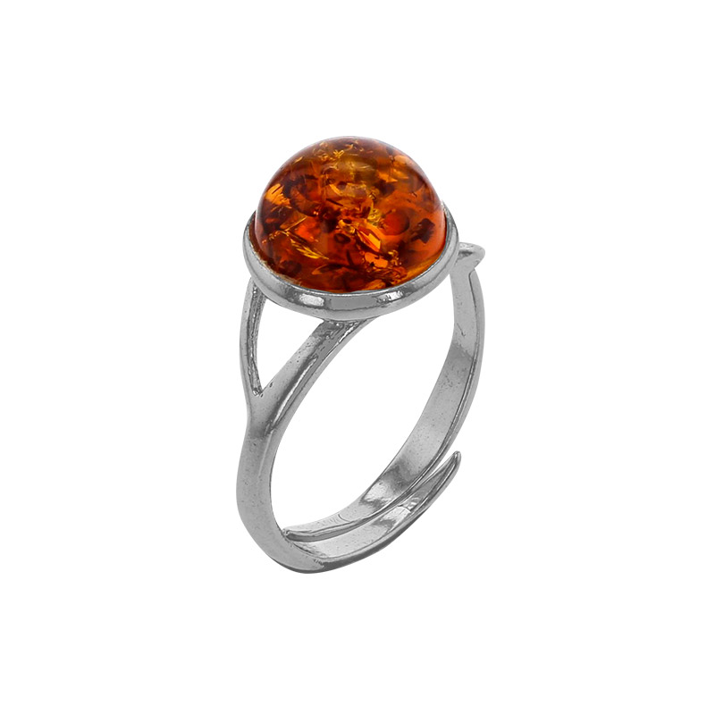 Bague réglable ambre cognac ronde, argent 925/1000 rhodié
