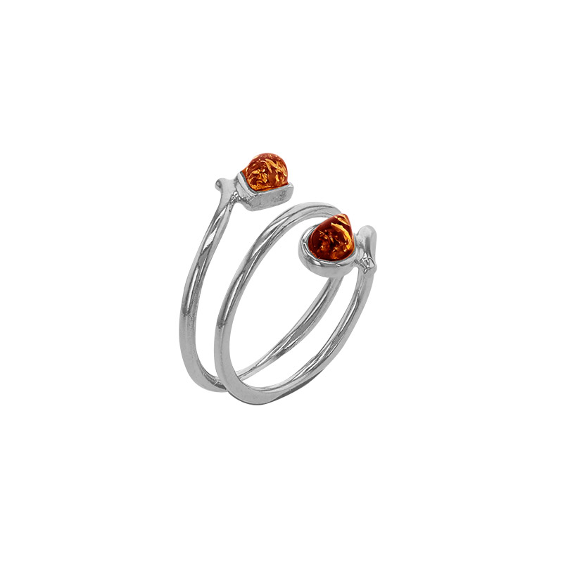 Bague 2 petites ambres cognac en forme de goutte, argent 925/1000 rhodié