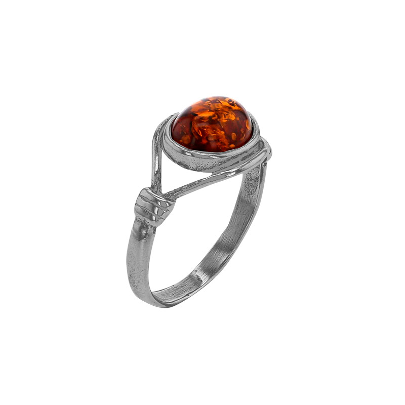 Bague 2 fils ajourés, ambre cognac ovale en argent 925/1000 vieilli
