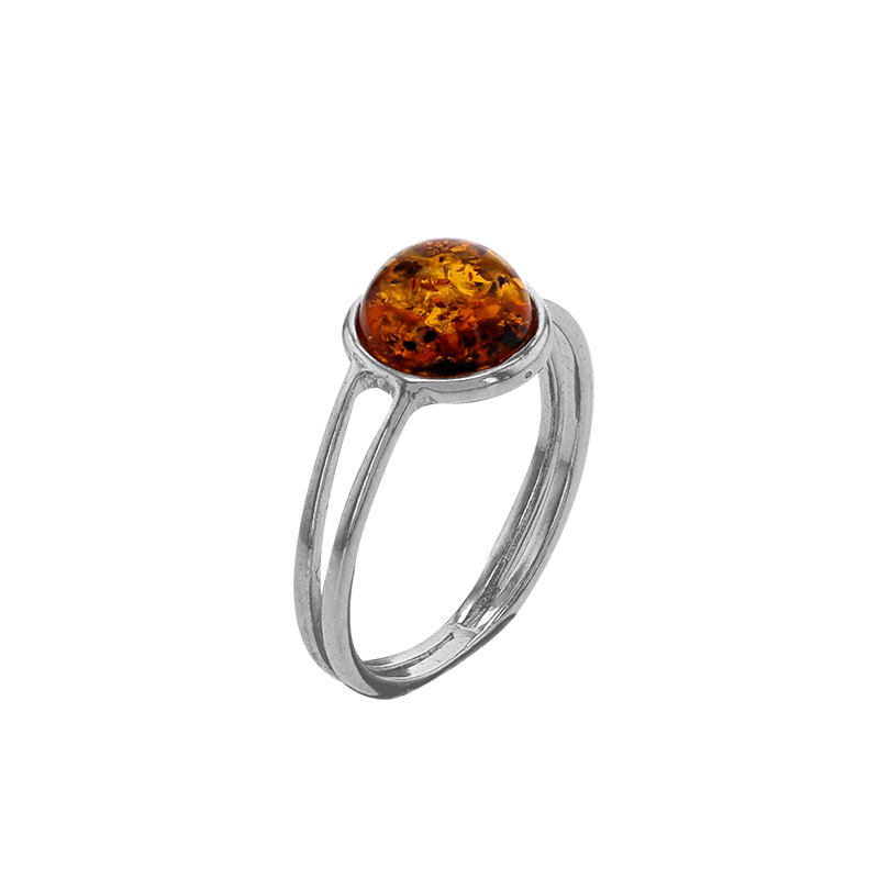 Bague 2 fils ajourés, ambre cognac ovale en argent 925/1000 rhodié