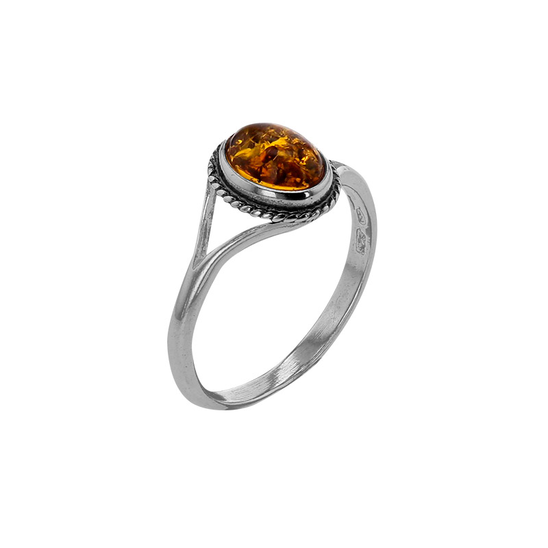 Bague ovale striée, ambre cognac en argent 925/1000 vieilli