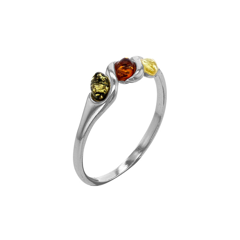 Bague 3 ambres cognac, vert et miel entrelacées en argent 925/1000 rhodié