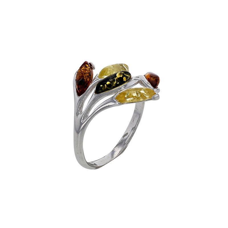 Bague large feuille ambre cognac et miel en argent 925/1000 rhodié