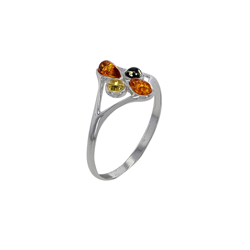 Bague forme losange, 4 ambres cognac, gris et miel en argent 925/1000 rhodié