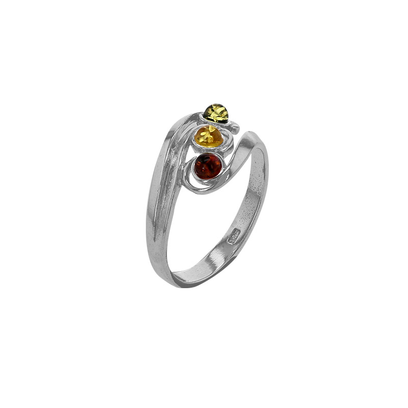 Bague entrelacée de 3 ambres cognac, vert et miel serties clos, argent 925/1000 rhodié