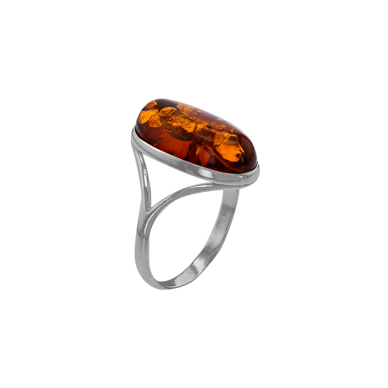 Bague forme grand ovale, ambre cognac en argent 925/1000 rhodié