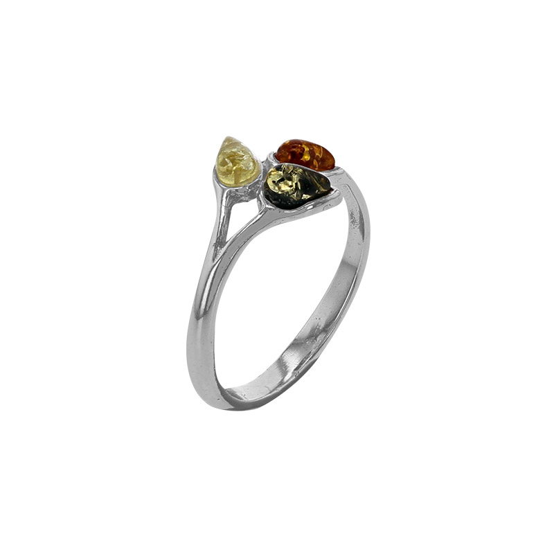 Bague forme goutte ambre cognac, gris et miel en argent 925/1000 rhodié
