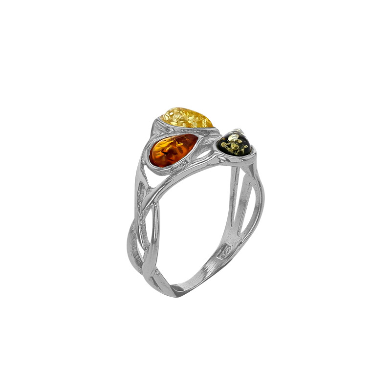 Bague large ajourée, 3 ambres cognac, gris et miel forme goutte, argent 925/1000 rhodié