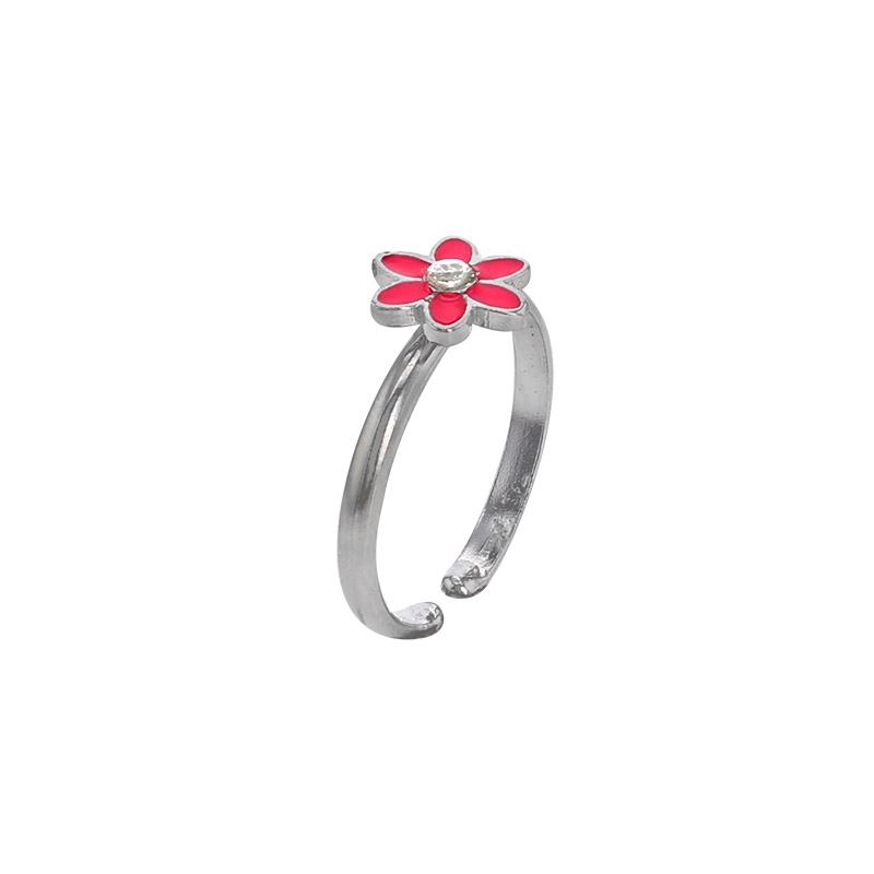 Bague réglable fleur émail fuchsia et verre argent 925/1000 rhodié